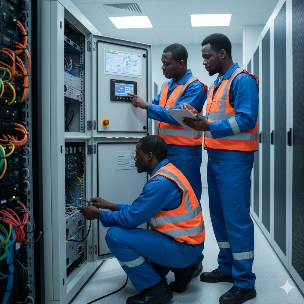 Electrical technicians configuring UPS systems