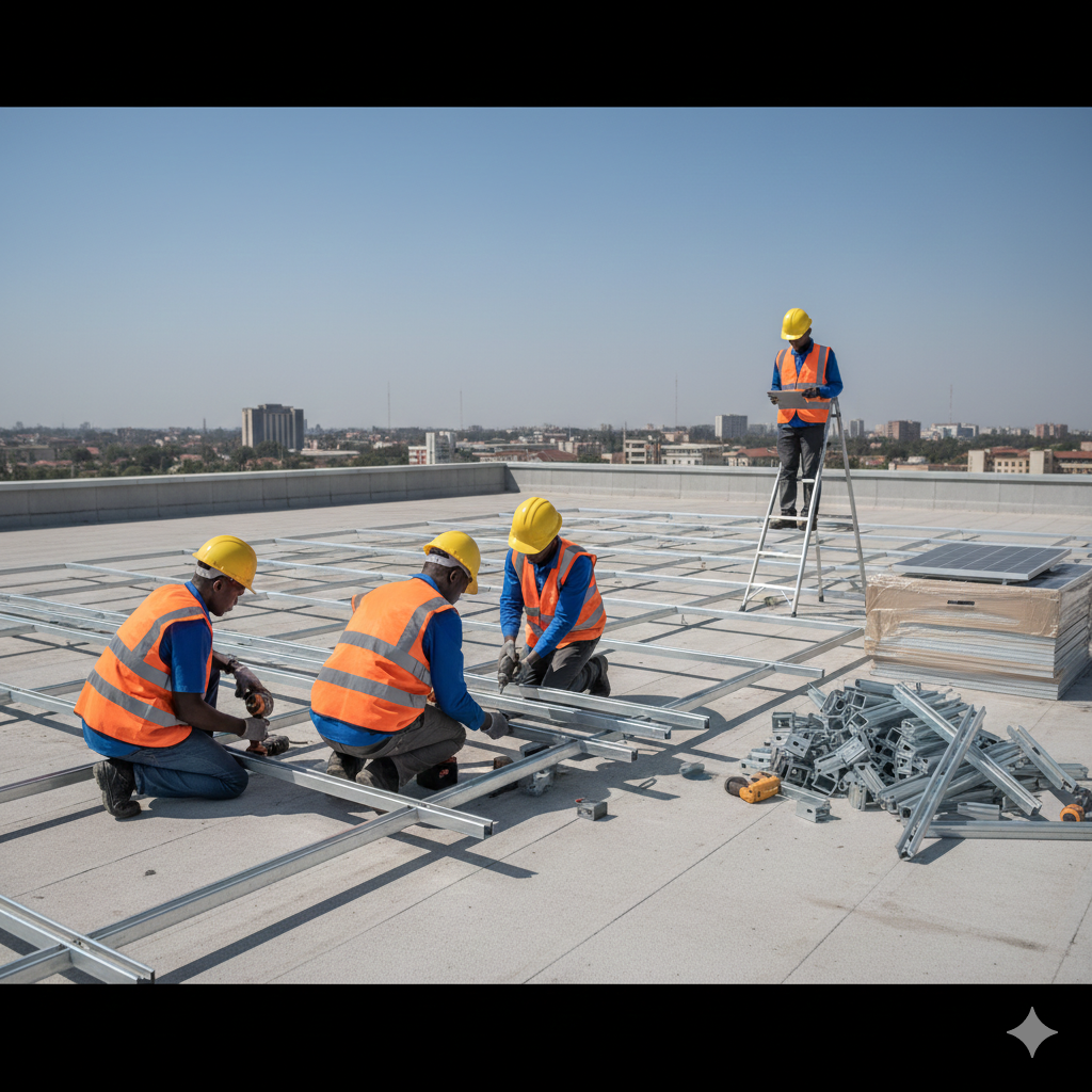 Engineers installing solar mounting structures